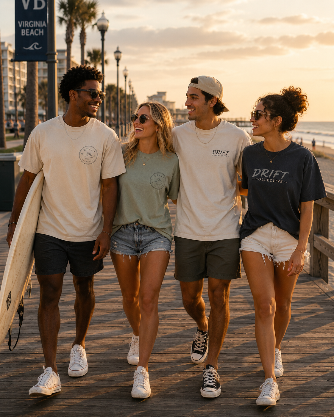 Four models walking together on the Virginia Beach boardwalk wearing Drift Collective tees at golden hour